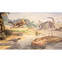 Composite scene with Protosuchus, Pristichampus, Sebecus, Deinosuchus and Purrusaurus (c) John Sibbick